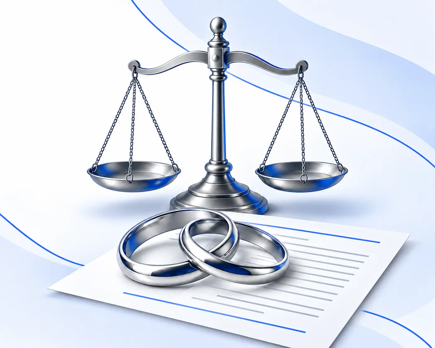 Wedding rings on a legal document beside scales of justice, representing alimony and remarriage.